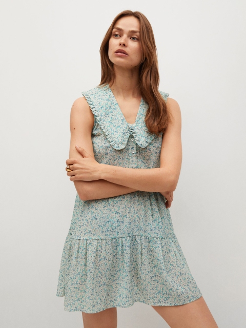 

MANGO Green & Off White Floral Print Gathered Keyboard Collar A-Line Dress