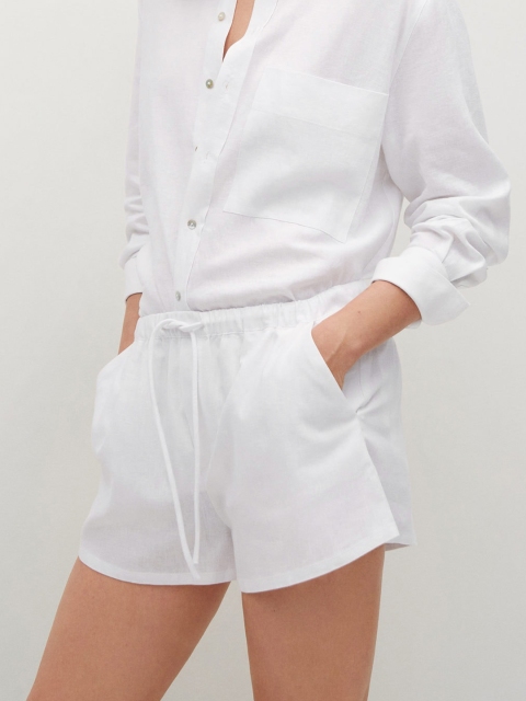 

MANGO Women White Solid Linen Regular Shorts