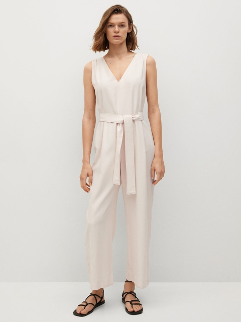 

MANGO Cream-Coloured Solid Basic Jumpsuit with Belt