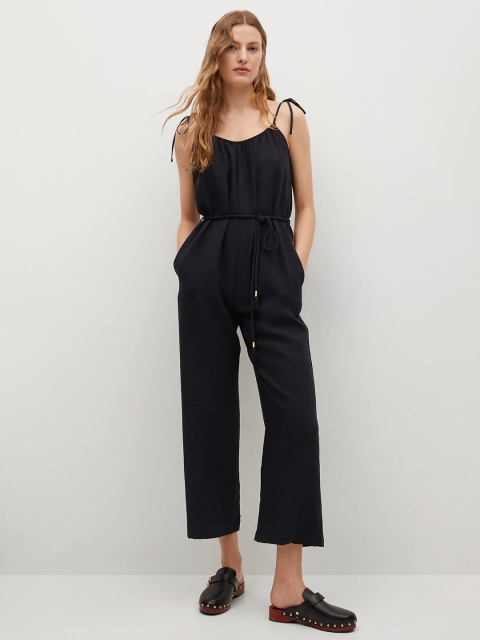 

MANGO Black Solid Basic Gathered Jumpsuit