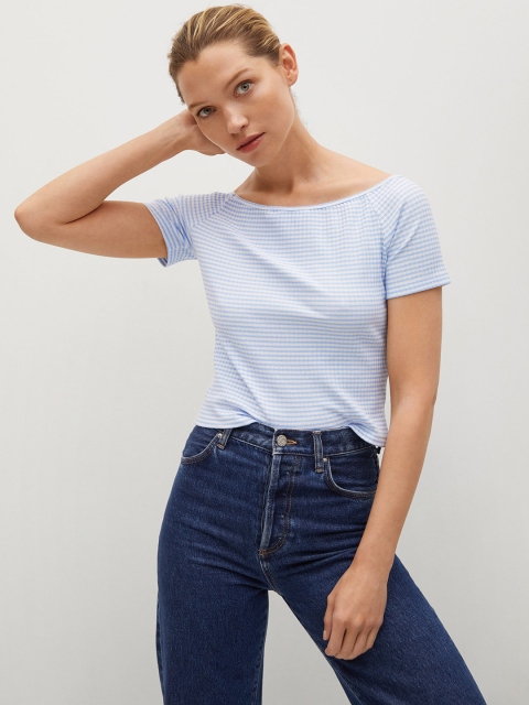 

MANGO Women Blue & White Boat Neck Checked T-shirt