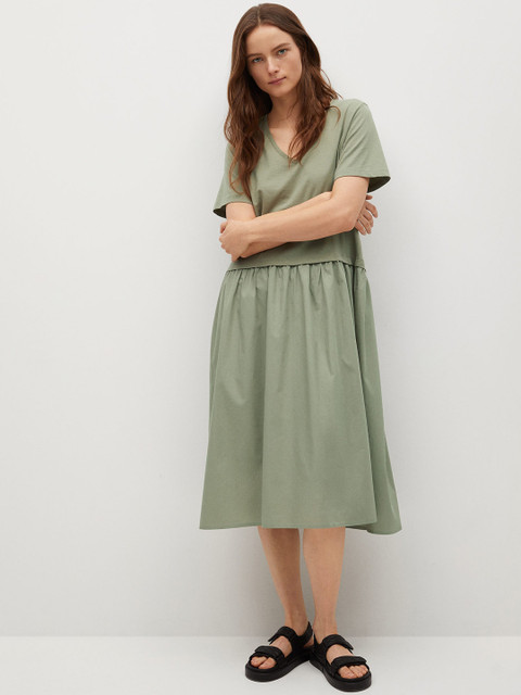 

MANGO Olive Green Solid Gathered Cotton A-Line Dress