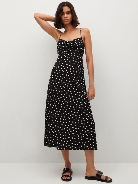 

MANGO Black & White Polka Dot Print A-Line Midi Dress
