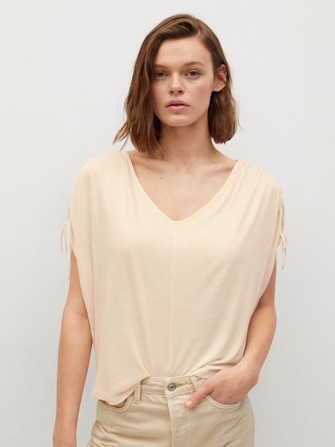 

MANGO Cream-Coloured Solid Extended Sleeves Styled Back Top