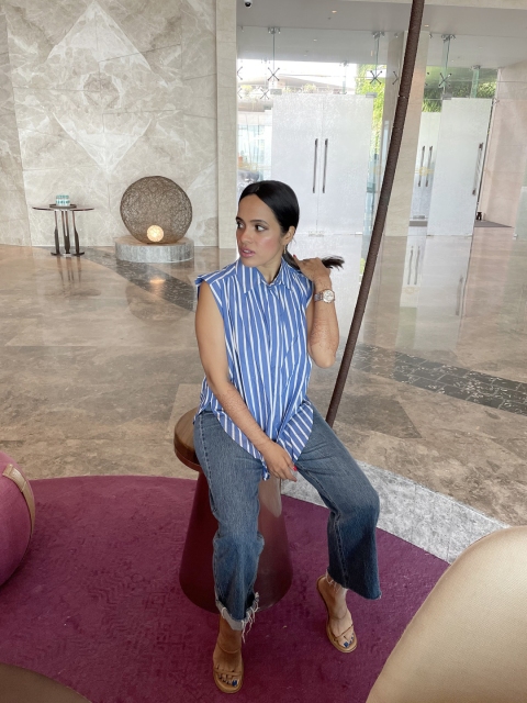

MANGO Women Blue Cotton Opaque Striped Casual Shirt