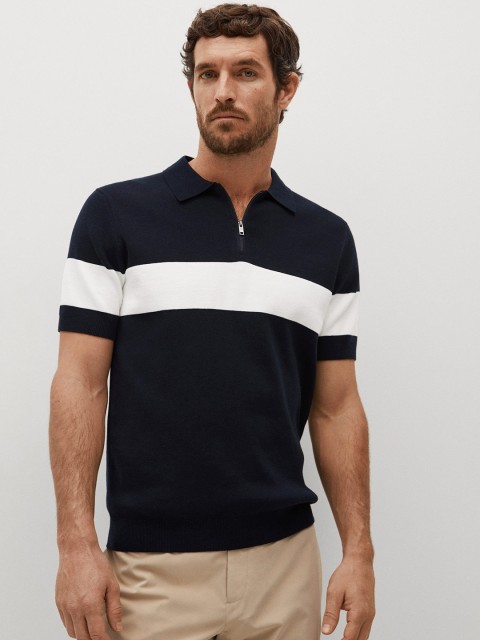

MANGO MAN Navy Blue White Pure Cotton Striped Pure Cotton T-shirt