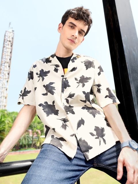 

MANGO MAN Cream-Coloured & Black Floral Printed Pure Cotton Casual Shirt