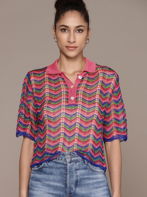 

MANGO Women Pink & Blue Sheer Boxy Chevron Pattern Polo Collar T-shirt
