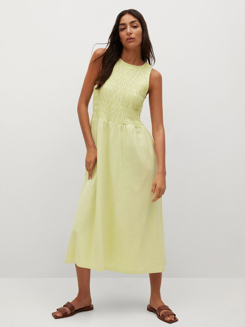 

MANGO Lime Green Solid Ruched Pure Cotton A-Line Dress