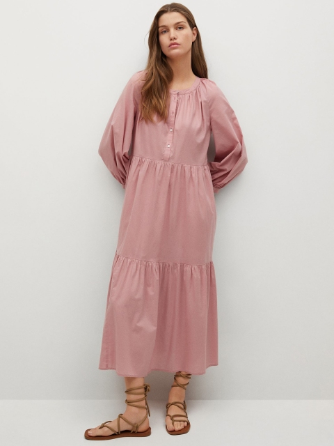 

MANGO Pink Solid Gathered Tiered Cotton A-Line Dress