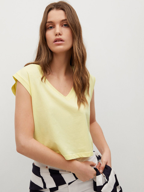 

MANGO Women Yellow V-Neck Extended Sleeves Organic Cotton T-shirt
