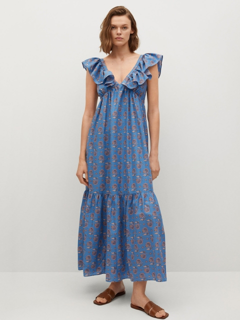 

MANGO Blue & Orange Printed Organic Cotton Ruffled Maxi Dress
