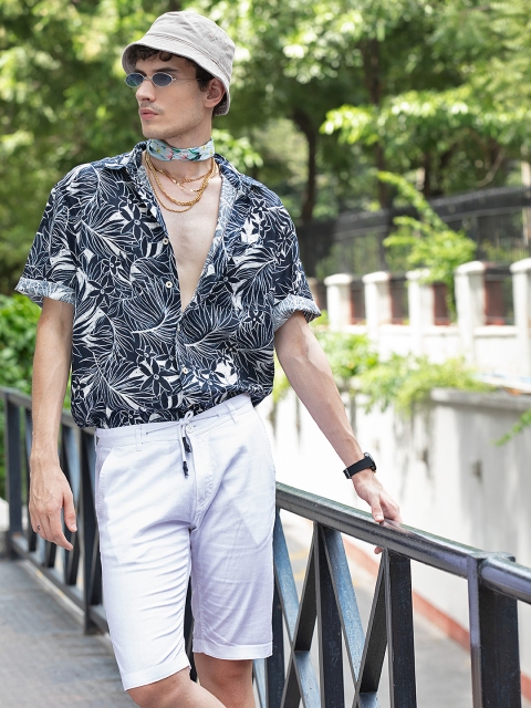 

MANGO MAN Navy Blue & White Tropical Printed Pure Linen Casual Shirt
