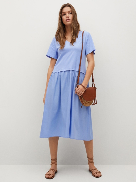 

MANGO Blue Solid Gathered Cotton A-Line Dress