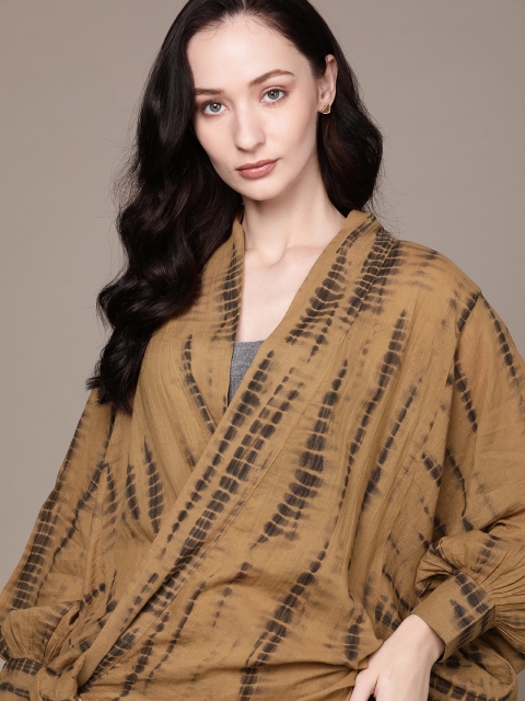 

MANGO Brown & Black Cotton Dyed Bishop Sleeves Wrap Top