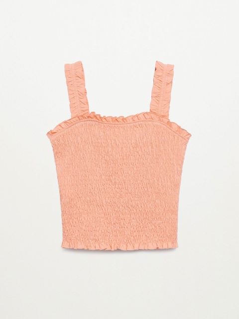 

Mango Kids Girls Peach-Coloured Solid Smocked Pure Cotton Fitted Top
