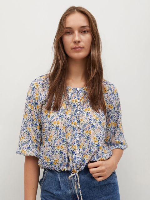 

MANGO White & Blue Floral Gathered Blouson Top with Waist Tie-up