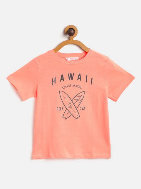 

Mango Kids Boys Coral Pink & Navy Blue Typography Printed Sustainable T-shirt