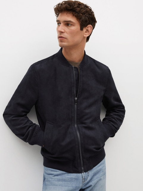 

MANGO MAN Men Navy Blue Suede Finish Bomber Jacket