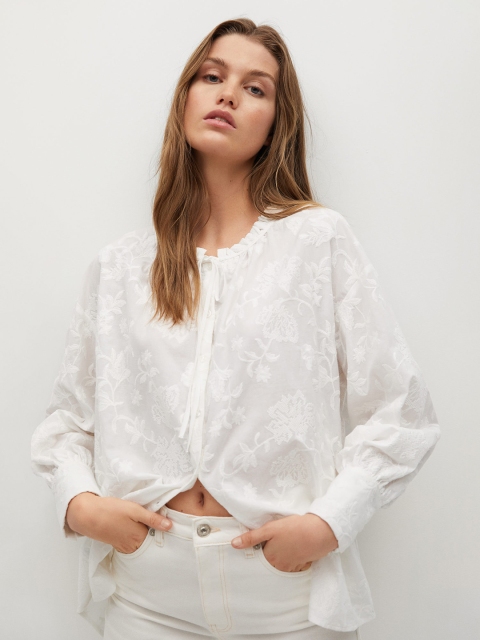 

MANGO White Embroidered Pure Cotton Shirt Style Sustainable Top