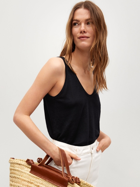 

MANGO Black Solid Linen Regular Top