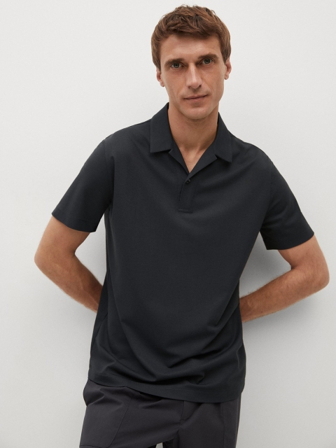 

MANGO MAN Men Navy Blue Thermoregulating Cuban Collar T-shirt