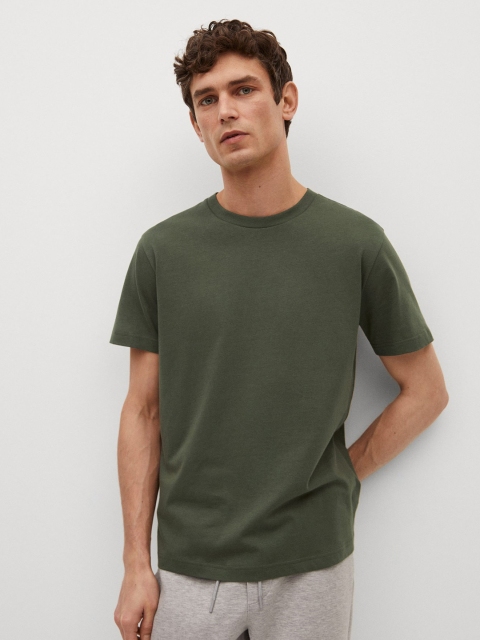 

MANGO MAN Olive Green Drop-Shoulder Sleeves Organic Cotton T-shirt
