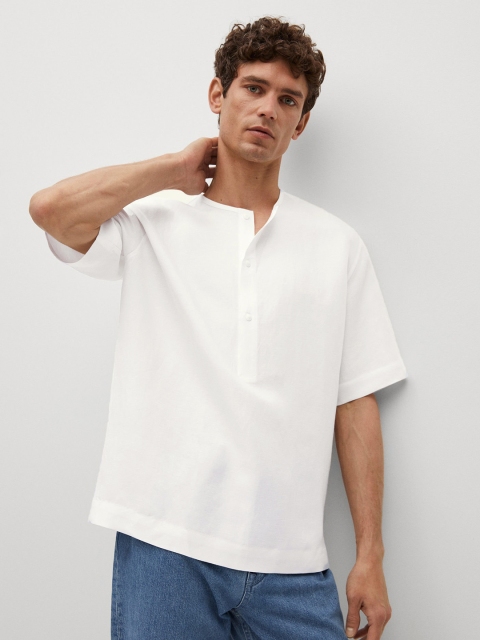 

MANGO MAN Men Off White Solid Sustainable Collarless Casual Shirt