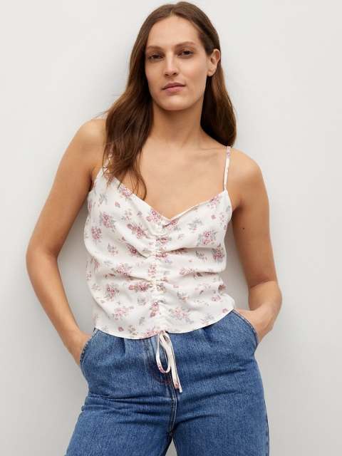 

MANGO White & Pink Floral Print Front Knot Top