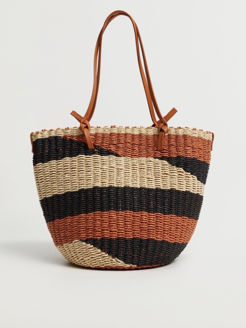 

MANGO Beige & Brown Jute Basket Weave Structured Shoulder Bag