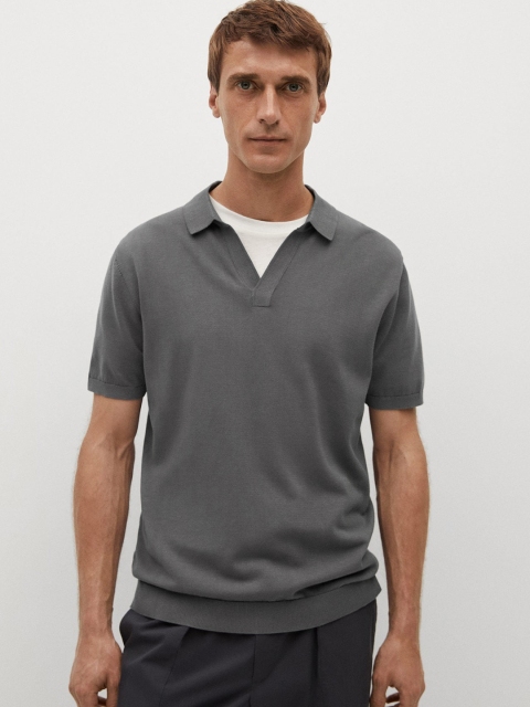 

MANGO MAN Charcoal Grey Garment Dye Spread Collar Pure Cotton T-shirt