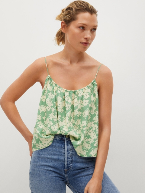 

MANGO Green & Off White Floral Print Gathered Tank Top