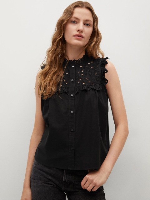 

MANGO Black Schiffli Cotton Embroidered Ruffles Regular Top