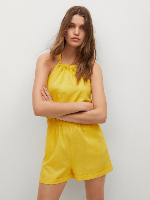 

MANGO Yellow Solid Linen Cotton Halter Neck Jumpsuit