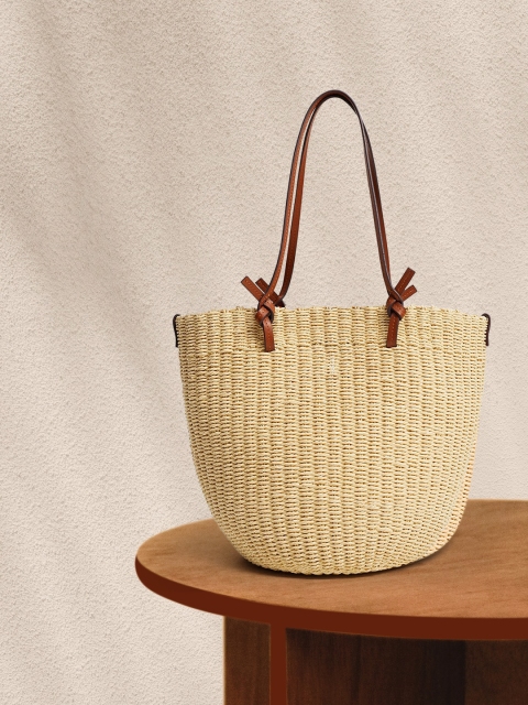 

MANGO Beige Jute Basket Weave Structured Shoulder Bag