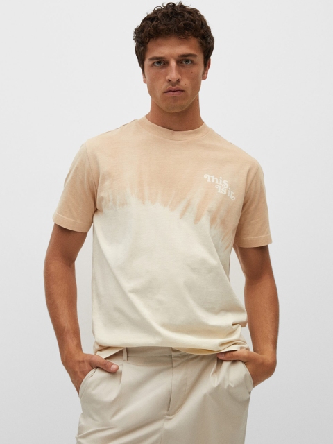 

MANGO MAN Men Beige & Cream-Coloured Dyed Cotton T-shirt