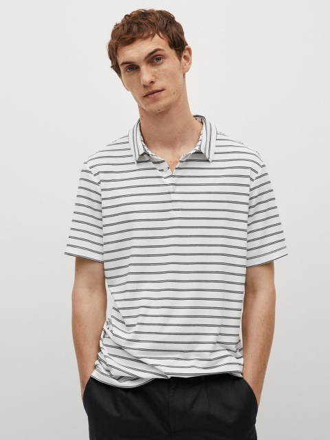 

MANGO MAN White & Black Recycled Polyester Striped Polo Collar T-shirt