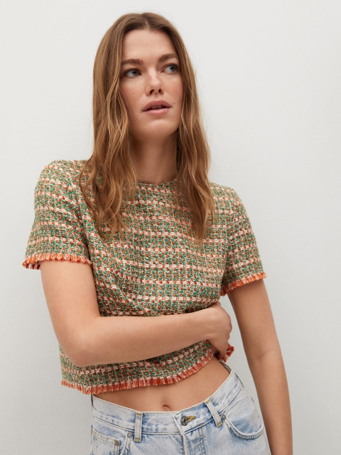 

MANGO Green & Red Mandarin Collar Regular Top