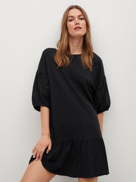 

MANGO Black Solid Pure Cotton A-Line Dress