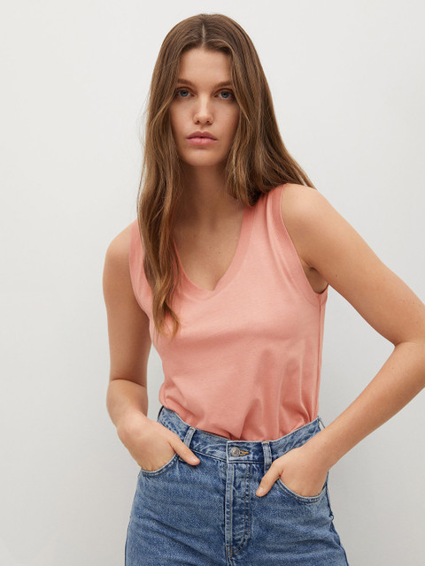 

MANGO Pink Solid Organic Cotton Regular Top