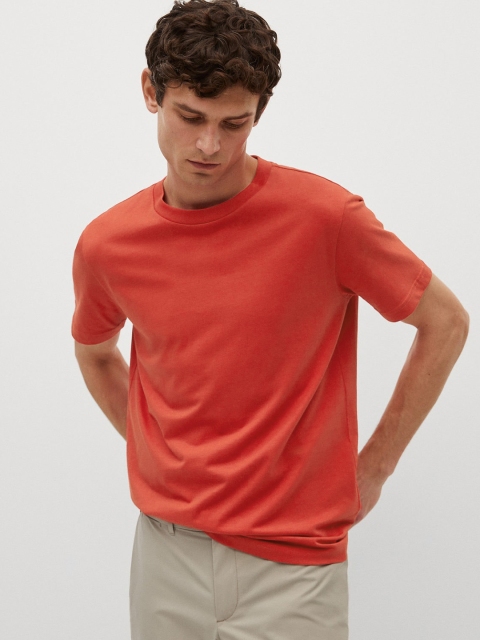 

MANGO MAN Red Drop-Shoulder Sleeves Organic Cotton T-shirt
