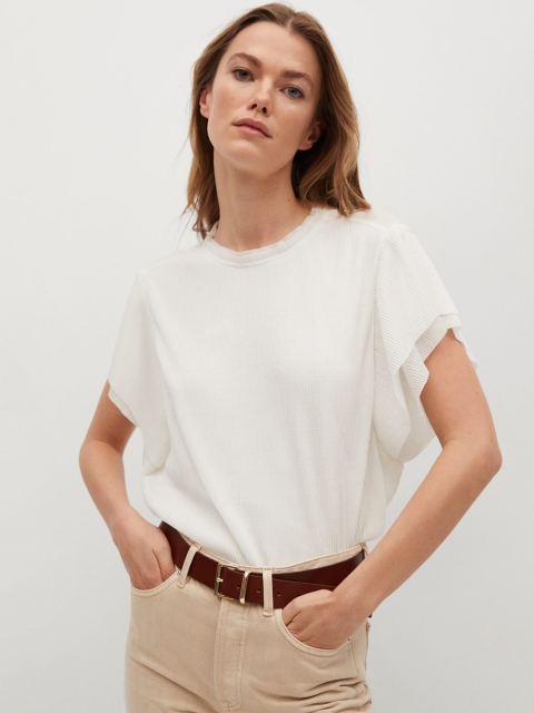 

MANGO Women White Self Striped Regular Top