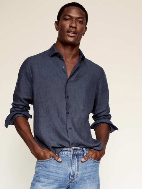 

MANGO MAN Men Navy Blue Solid Linen Sustainable Casual Shirt