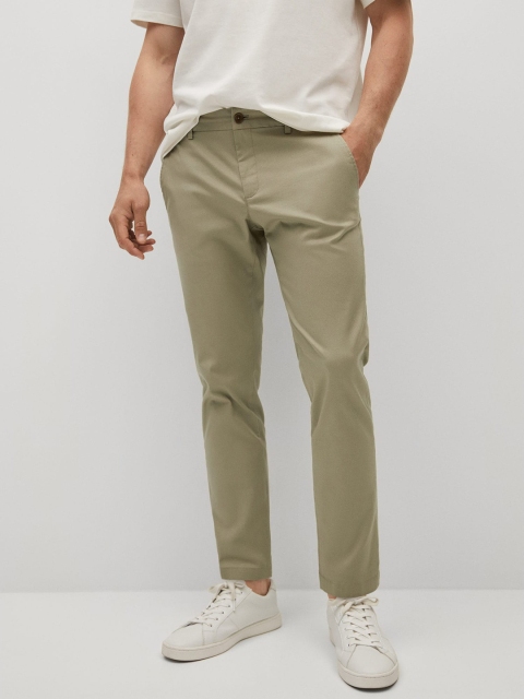 

MANGO MAN Men Olive Green Tapered Fit Trousers