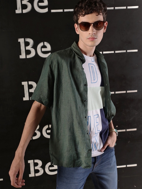 

MANGO MAN Men Green Solid Linen Pocket Sustainable Casual Shirt