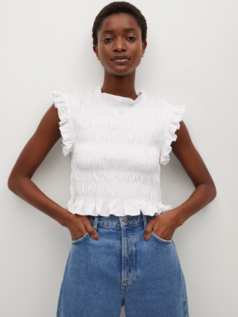 

MANGO White Organic Cotton Smocked Fitted Top