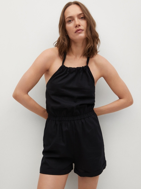 

MANGO Black Solid Linen Halter Neck Playsuit