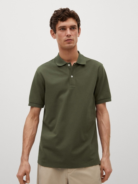 

MANGO MAN Olive Green Thermoregulating Solid Polo Collar T-shirt