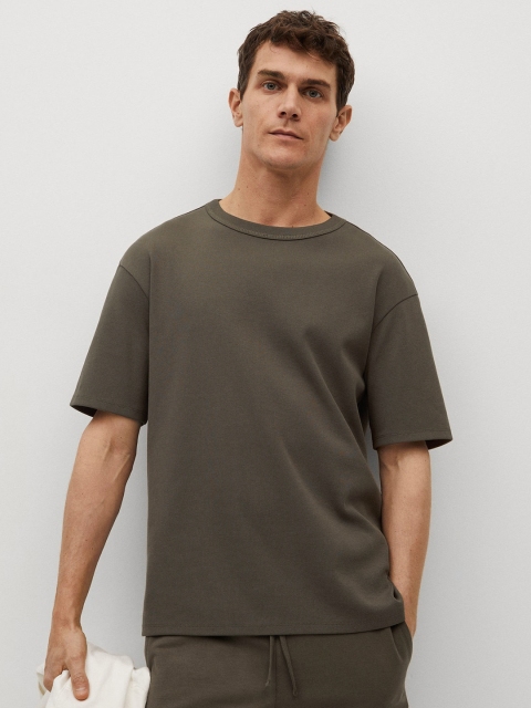 

MANGO MAN Olive Green Relaxed Fit Drop-Shoulder Sleeves Sustainable Pure Cotton T-shirt