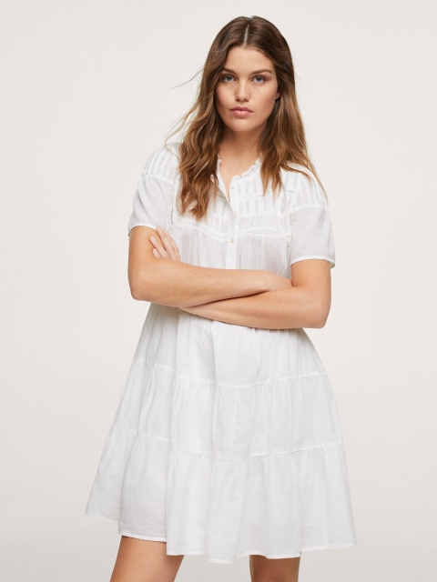 

MANGO White Solid Tiered Pure Cotton A-Line Dress